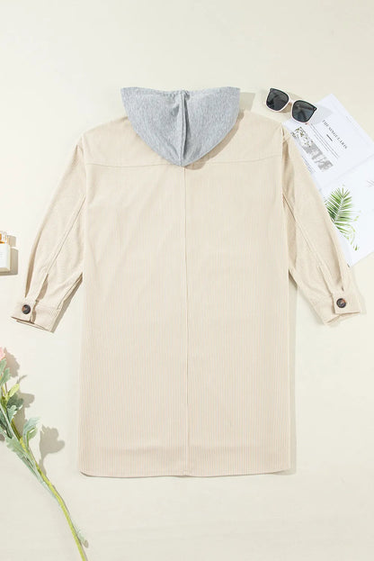 Beige Oversized Corduroy Contrast Hooded Shacket - Chic Meadow Boutique 