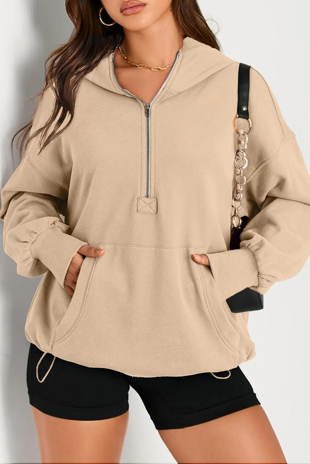 Parchment Solid Kangaroo Pocket Half Zipper Oversized Hoodie - Chic Meadow Boutique 