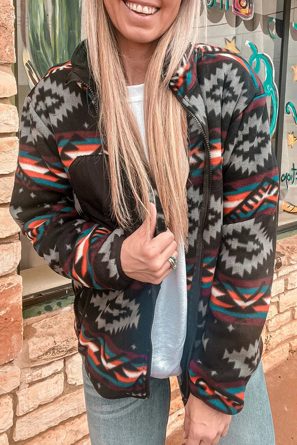 Black Aztec Printed Zip Up Collar Jacket - Chic Meadow Boutique 