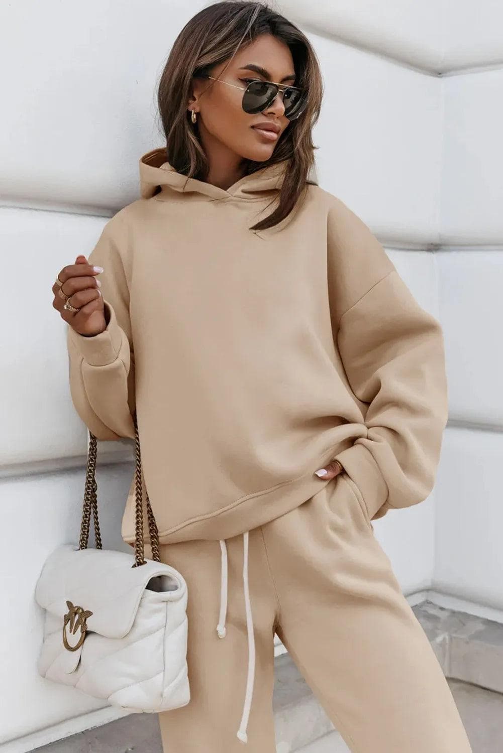 Two Piece Sets/Pant Sets Pale Khaki Chunky Two-piece Hooded Sweatsuit