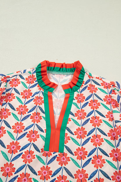 Red Floral Print Striped Detail V Neck Ruffled Short Sleeve Blouse
