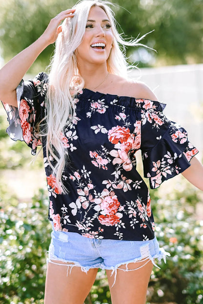 Blue Ruffle Off Shoulder Flounce Sleeve Floral Blouse - Chic Meadow Boutique 