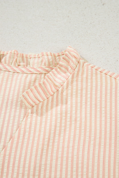 Pink Stripe Bow Knot Cuff Pearl Embellished Puff Sleeve V Neck Blouse
