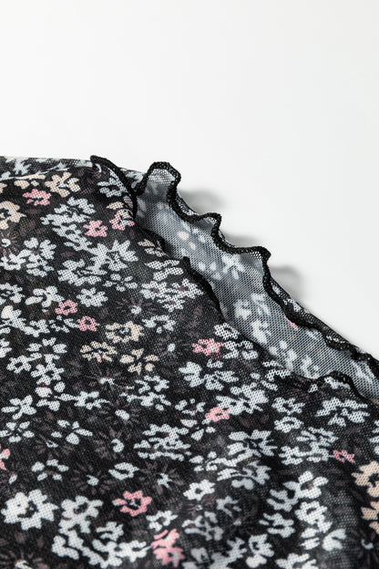 Black Ditsy Floral Mesh Thumbhole Sleeve Slim Fit Top