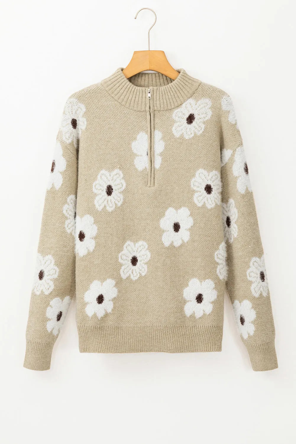 Khaki Floral Pattern Half Zip Drop Shoulder Sweater - Chic Meadow Boutique 