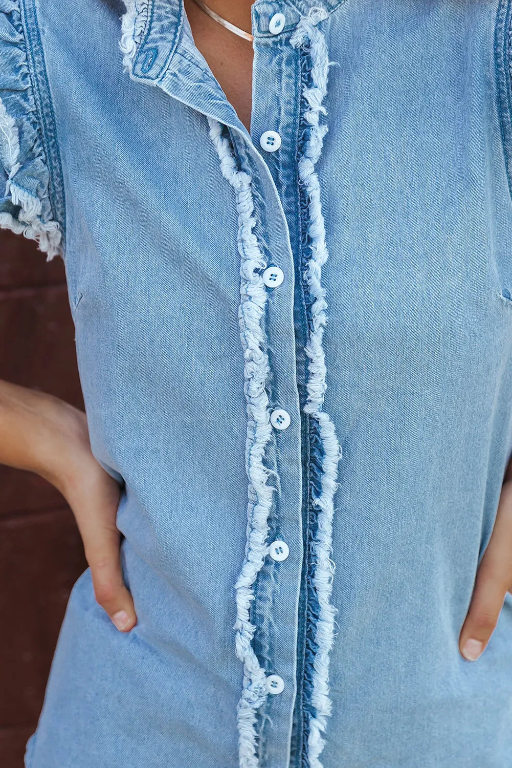 Beau Blue Button Front Ruffled Flutter Frayed Denim Top - Chic Meadow Boutique 