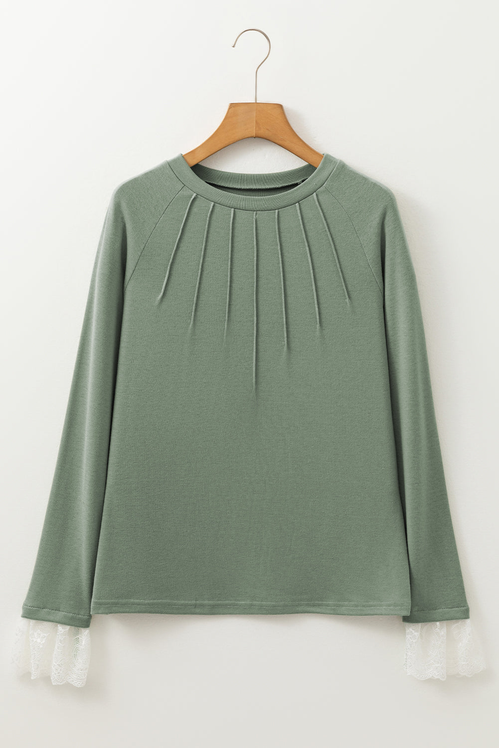 Grass Green Seam Detail Lace Contrast Cuffs Raglan Sleeve Top