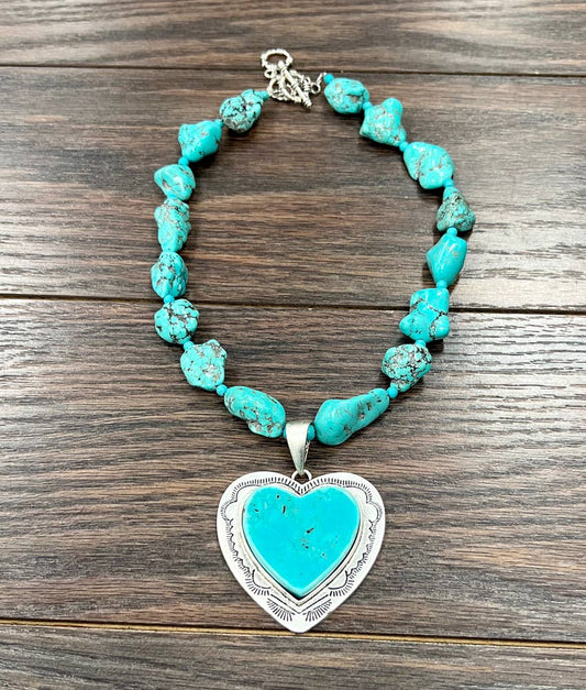 732290, 17" Handmade Heart Turquoise Necklace