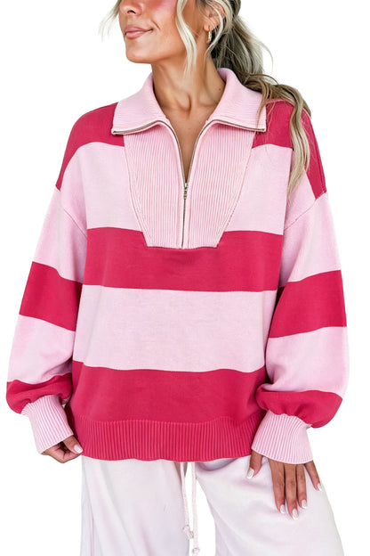 Strawberry Pink Casual Striped Color Block Zip Collar Pullover Sweater