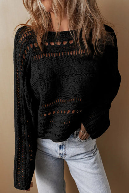 Black Hollow-out Cable Knit Cropped Sweater - Chic Meadow Boutique 