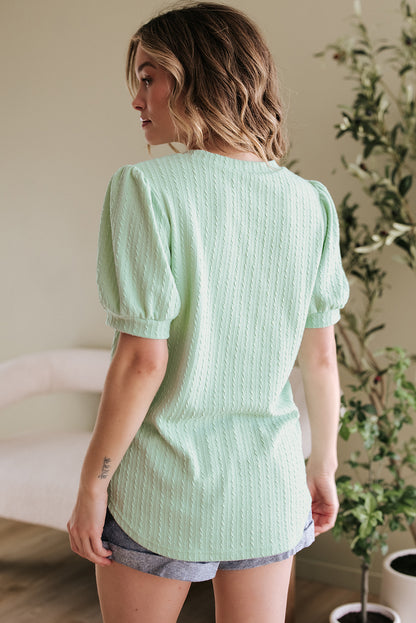 Mist Green Textured Round Neck Short Puff Sleeve Top