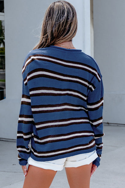 Blue Stripe Striped Drop Shoulder Button Cardigan