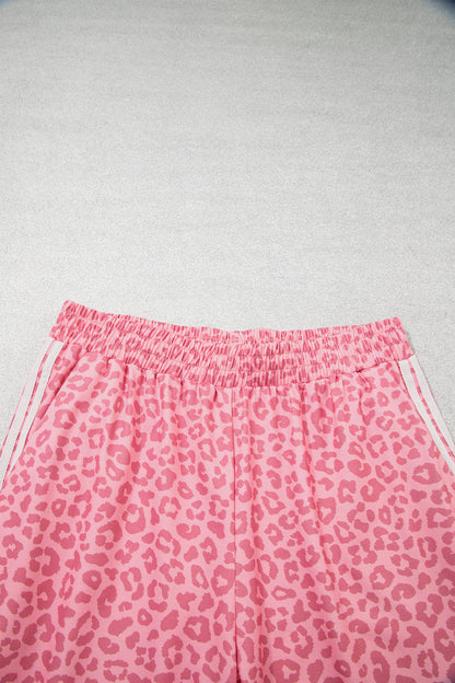 Pink Leopard Print Varsity Striped Detail 3/4 Sleeve Top Shift Pant Set