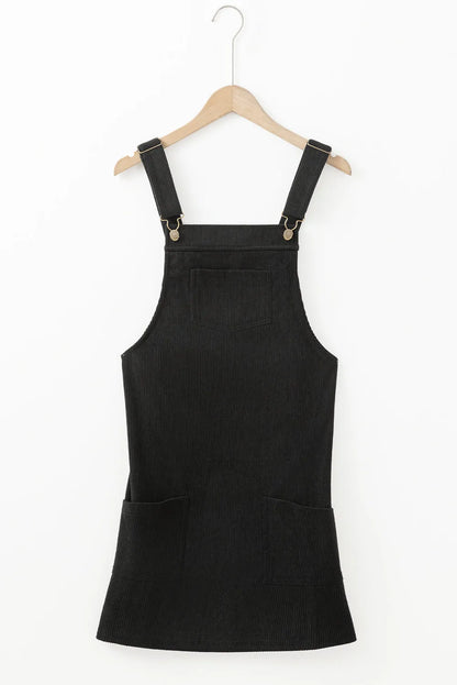 Black Solid Front Pockets Sleeveless Corduroy Overall Dress - Chic Meadow Boutique 