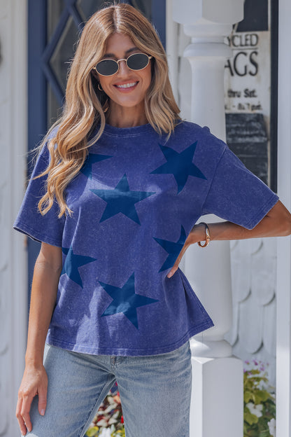 Blue Independence Day Star Printed Mineral Wash T Shirt