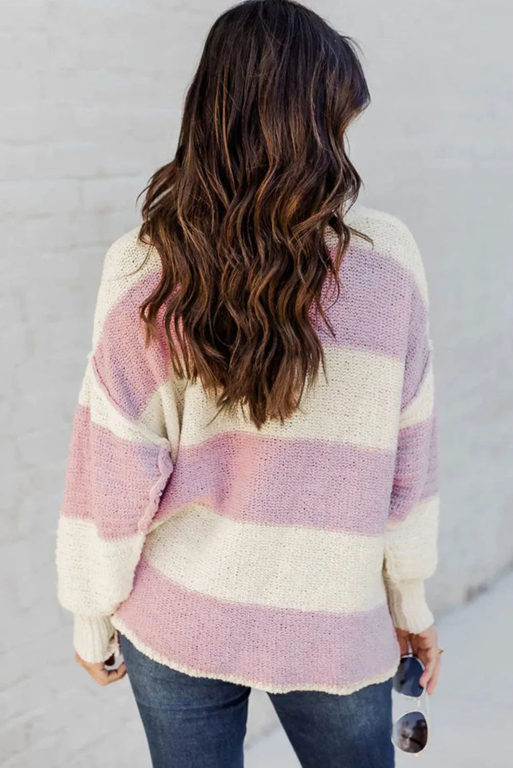 Pink Striped Knit Button Ribbed Split Neck Sweater - Chic Meadow Boutique 