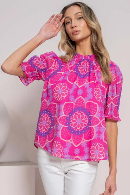 Rose Floral Print Frilled Neck Smocked Puff Sleeve Blouse - Chic Meadow Boutique 