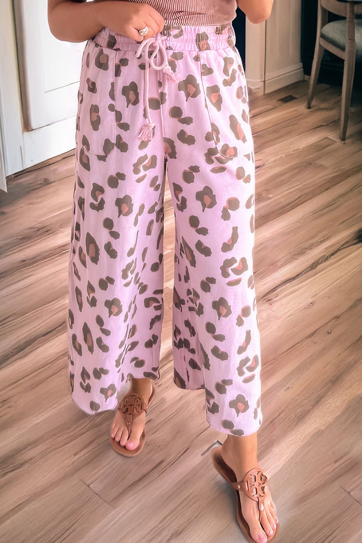 Pink Drawstring Leopard Print Patch Pocket Loose Pants