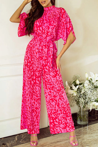 Rose Leopard Loose Sleeve Belted Wide Leg Jumpsuit - Chic Meadow Boutique 