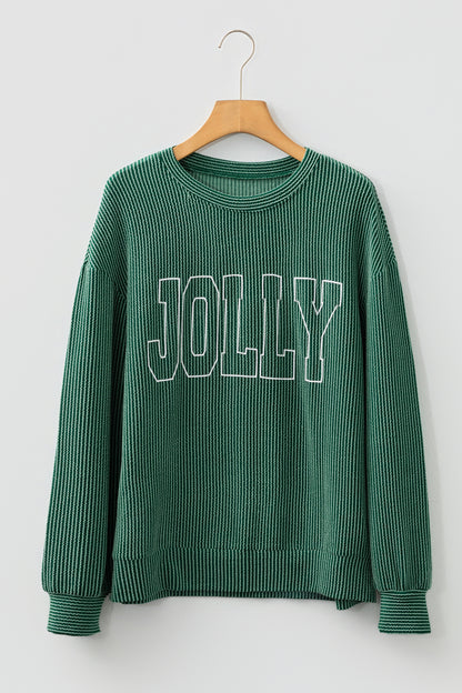 Blackish Green Twisted Rib Outlined Merry Letter Graphic Loose Long Sleeve Top