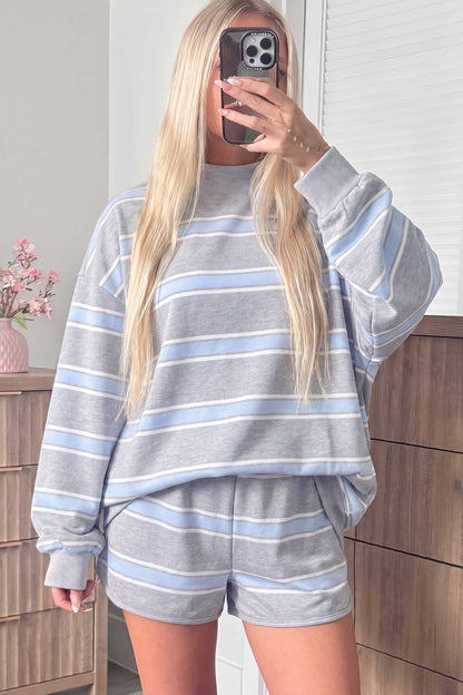 Sky Blue Stripe Exposed Seam Patchwork High Neck Long Sleeve Top and Shorts Set
