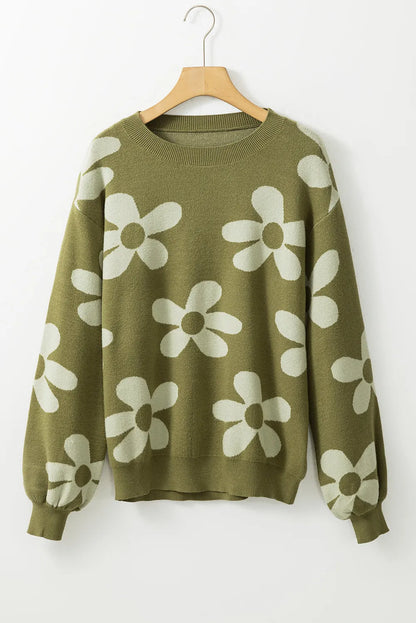 Spinach Green Big Flower Knit Ribbed Trim Sweater - Chic Meadow Boutique 