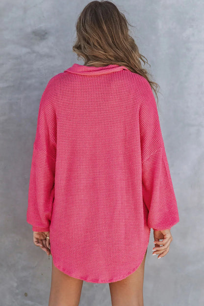 Pink Waffle Knit Button Up Casual Shirt - Chic Meadow Boutique 