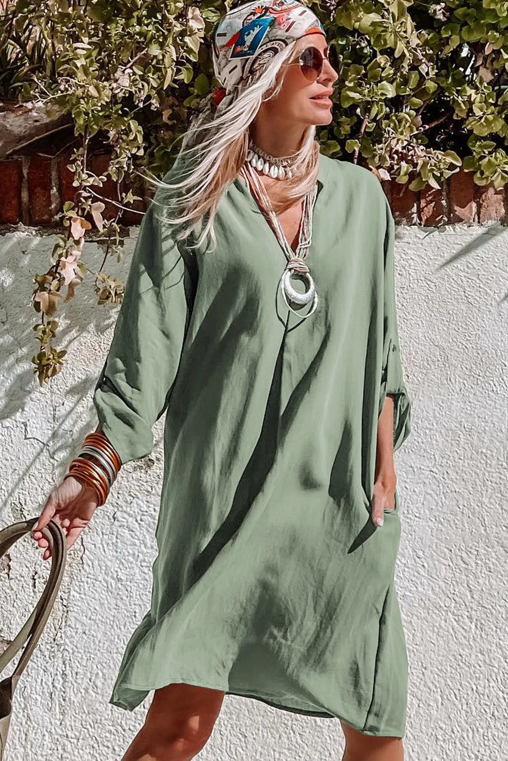 Green Roll-tab Sleeve Flowy Casual Dress - Chic Meadow Boutique 