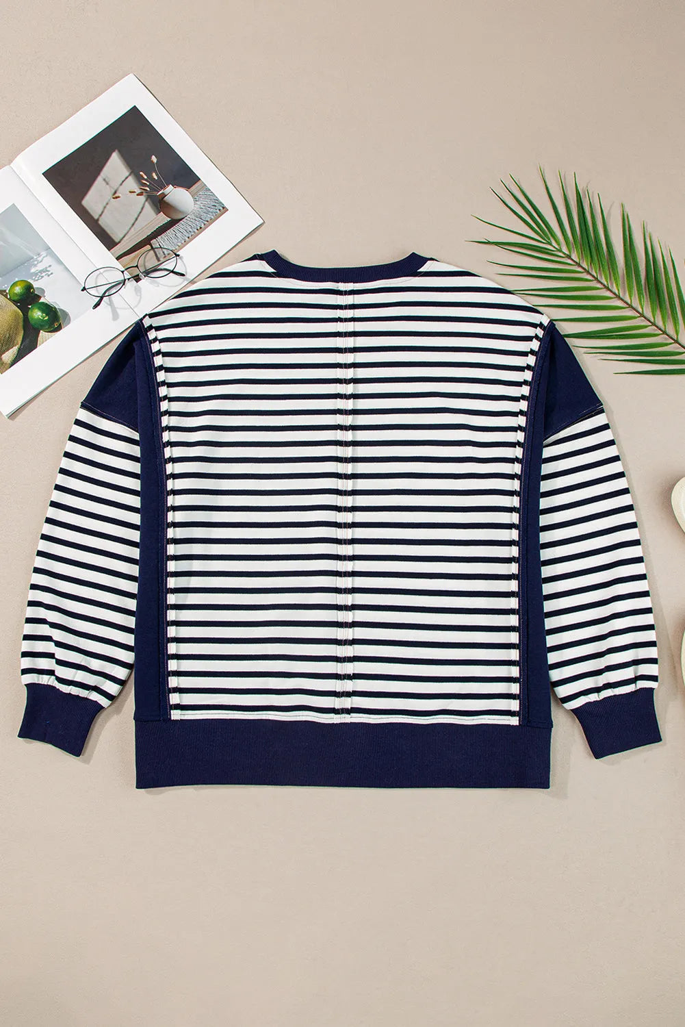 White Stripe Color Block Exposed Seam Loose Fit Sweatshirt - Chic Meadow Boutique 