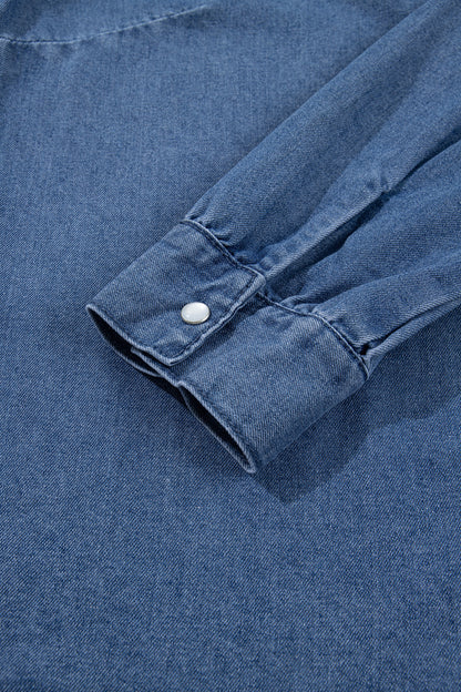 Dusk Blue Western Embroidered Collar Long Sleeve Denim Shirt