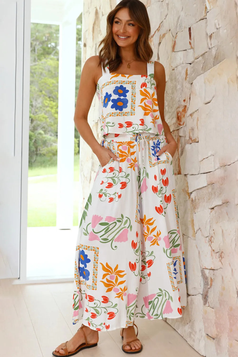 White Square Neck Tank and Wide Leg Pants Floral Set - Chic Meadow Boutique 