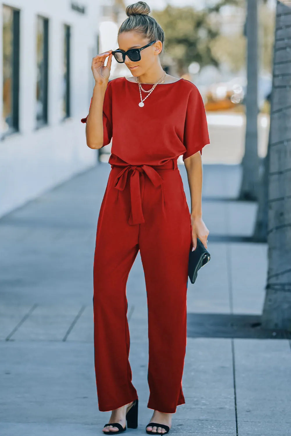 Fiery Red Belted Wide Leg Jumpsuit - Chic Meadow Boutique 