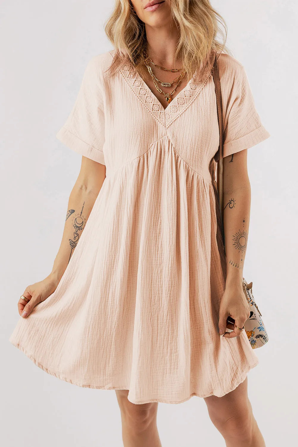 Beige Folded Short Sleeve Lace V Neck Mini Dress - Chic Meadow Boutique 