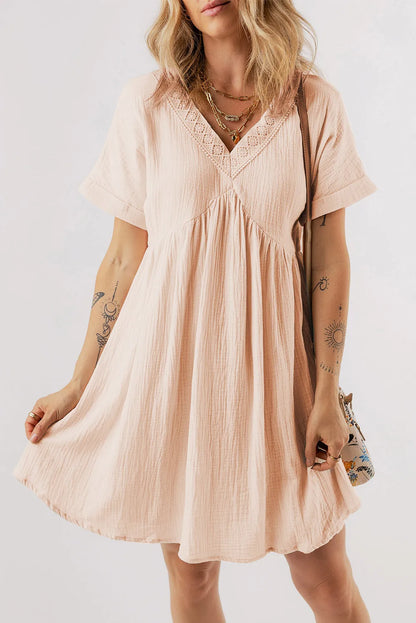 Beige Folded Short Sleeve Lace V Neck Mini Dress - Chic Meadow Boutique 