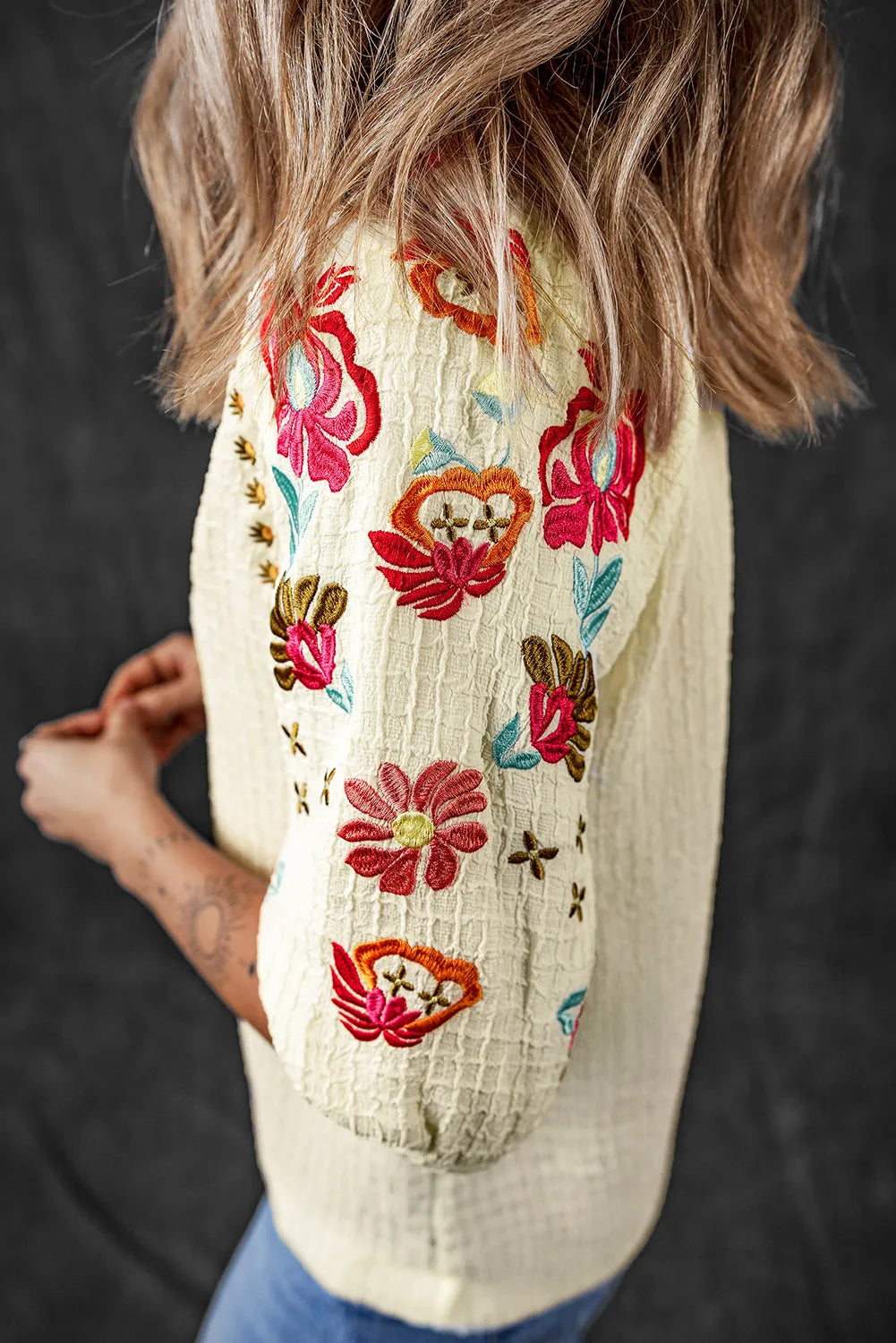 Beige Floral Embroidered Ricrac Puff Sleeve Textured Blouse - Chic Meadow Boutique 