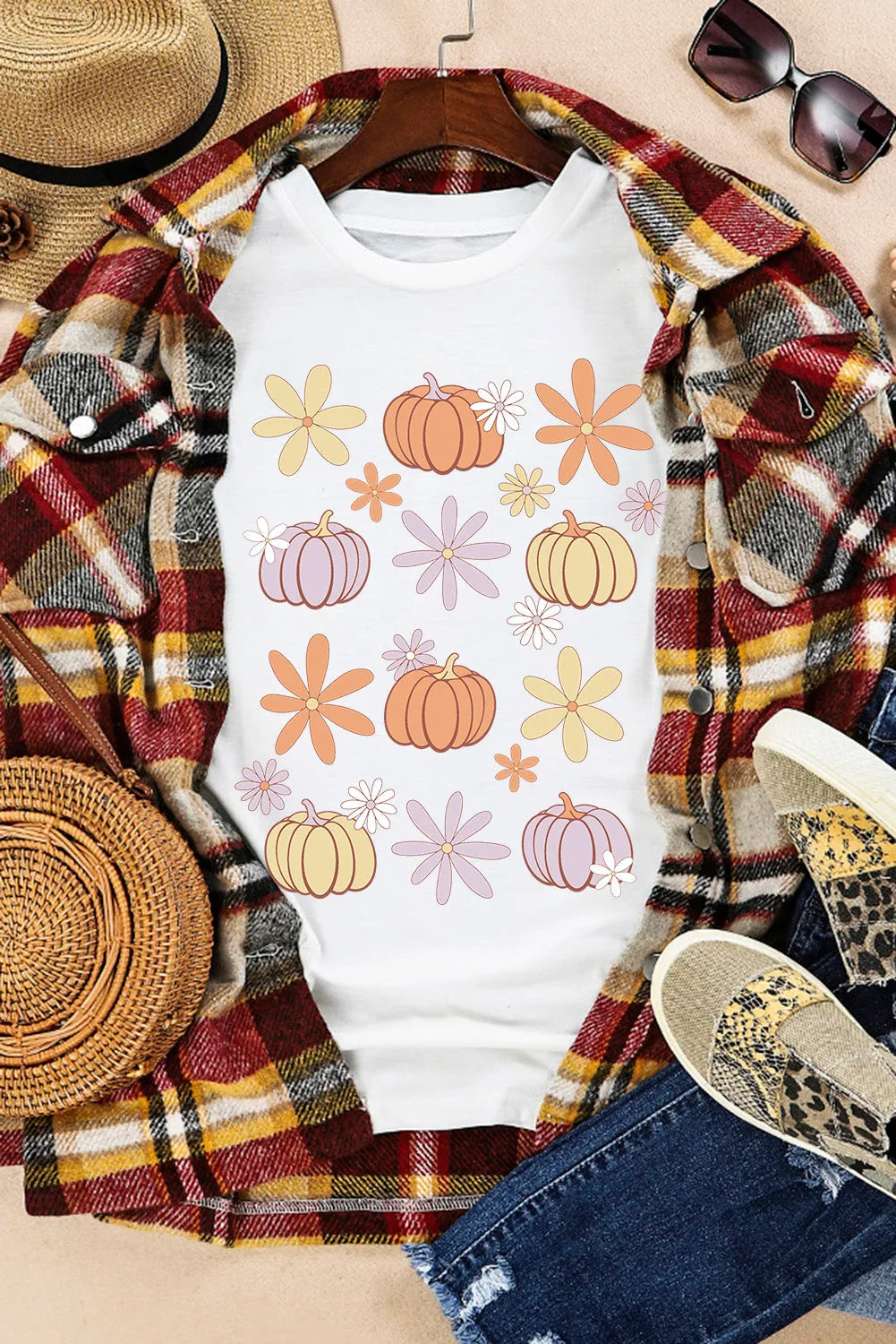 White Floral Pumpkin Graphic Crewneck Halloween T Shirt - Chic Meadow Boutique 