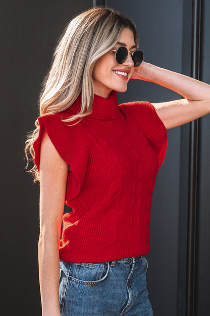 Tomato Red Cable Knit Turtleneck Ruffled Short Sleeve Sweater
