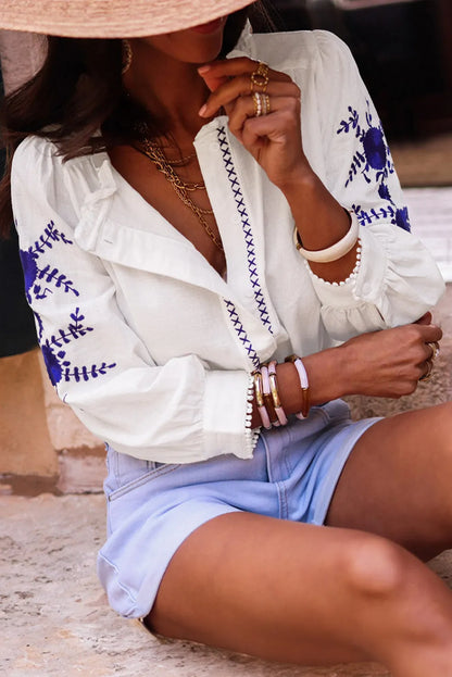 White Floral Embroidered Bracelet Sleeve Shirt - Chic Meadow Boutique 