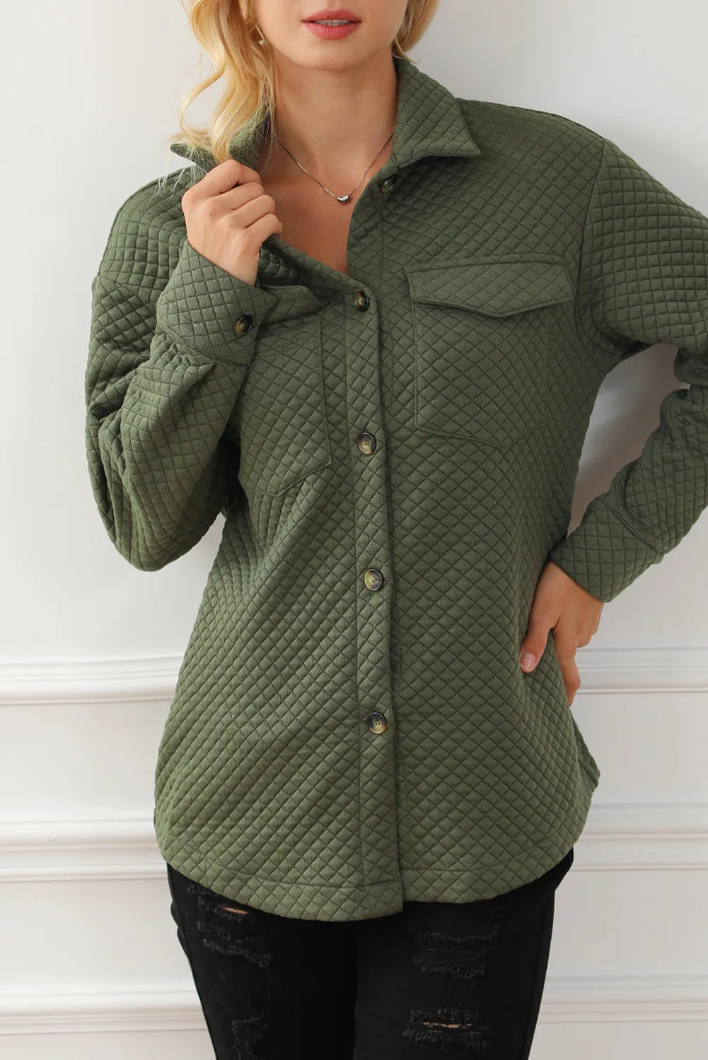 Green Retro Quilted Flap Pocket Button Shacket - Chic Meadow Boutique 