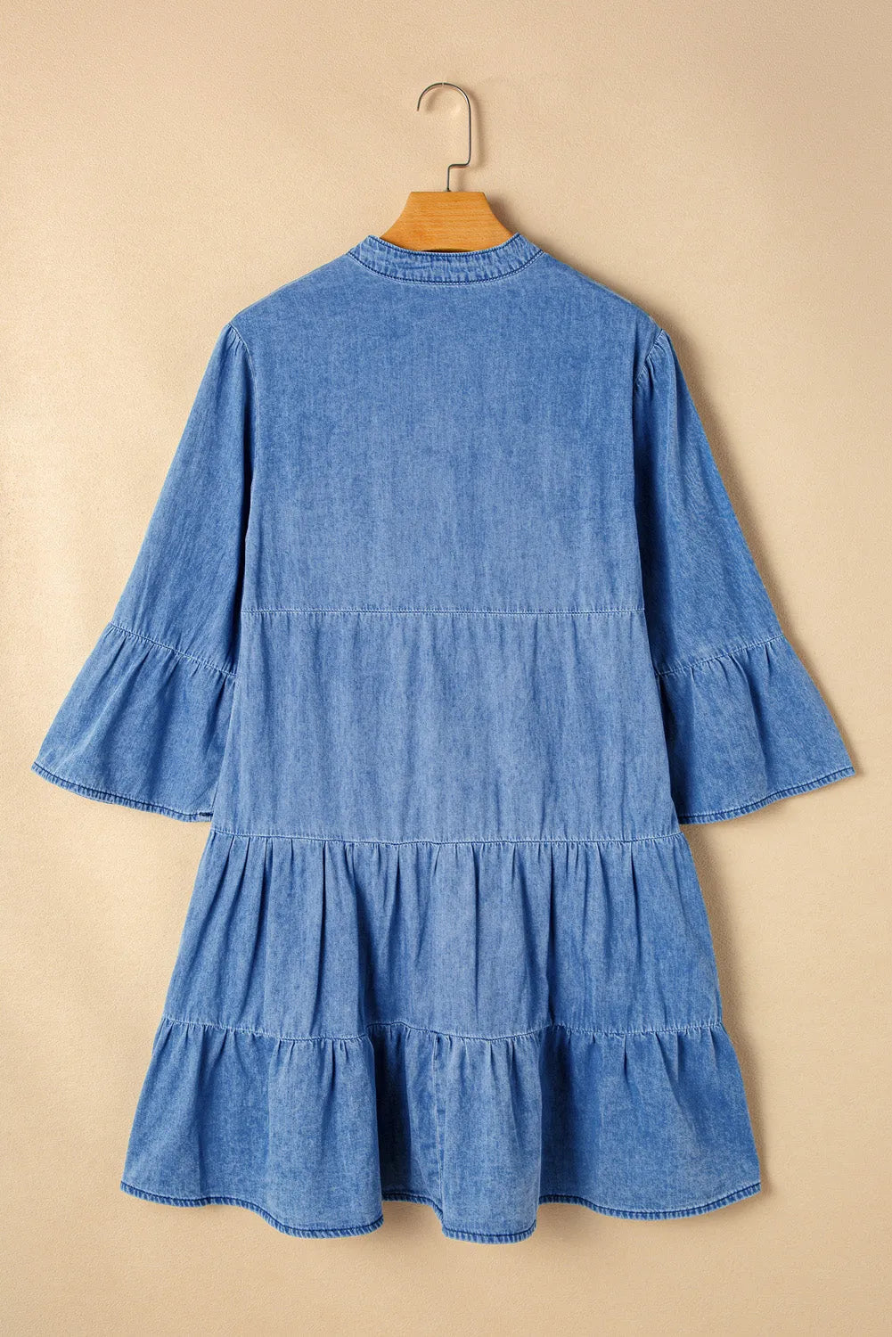 Sky Blue Chambray Ruffled 3/4 Sleeve Tiered Split V Neck Mini Dress - Chic Meadow Boutique 