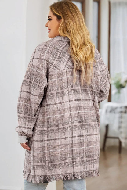 Plus Size/Plus Size Outerwear Pink Plus Size Macrame Plaid Coat