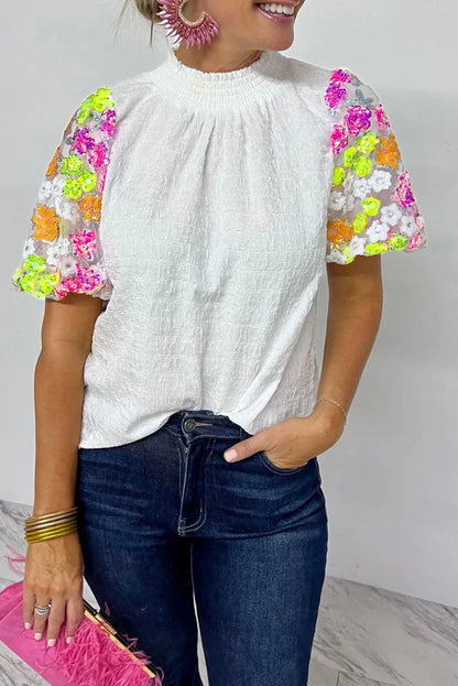 White Smocked Collar Sequin Flower Puff Sleeve Textured Top - Chic Meadow Boutique 