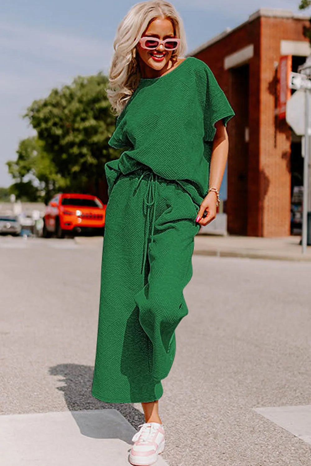 Dark Green Textured Loose Fit T Shirt and Drawstring Pants Set - Chic Meadow Boutique 