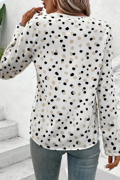 White Polka Dot Print Button Front V Neck Blouse - Chic Meadow Boutique 