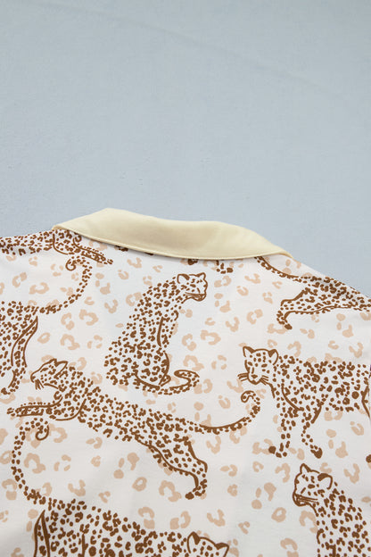 Yellow Leopard Print Colorblock Pocket Placket Long Sleeve Lounge Set