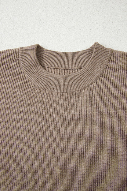 Simply Taupe Ribbed Knit Contrasted Stripe Detail Button Side Loose Sweater