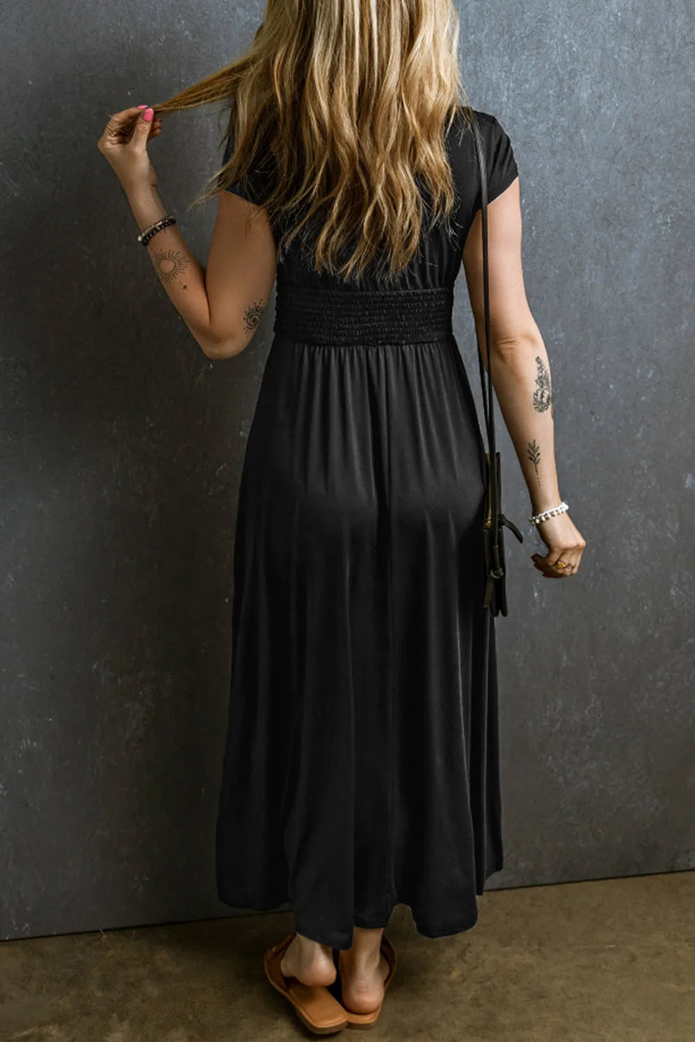 Black Short Sleeve Shirred High Waist V Neck Maxi Dress - Chic Meadow Boutique 