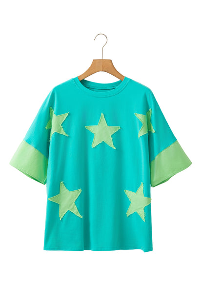 Aruba Blue Frayed Denim Star Patched Oversize T Shirt