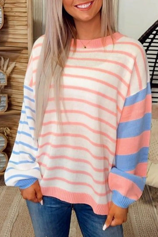 Pale Chestnut Colorblock Striped Drop Shoulder Cozy Sweater - Chic Meadow Boutique 