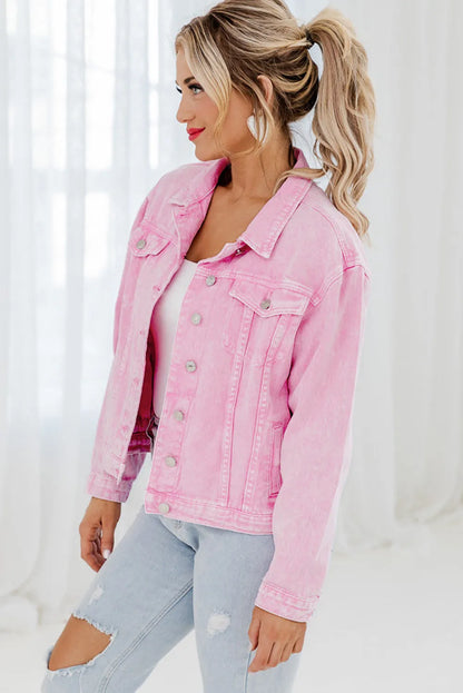 Pink Acid Wash Button Flap Pocket Denim Jacket - Chic Meadow Boutique 